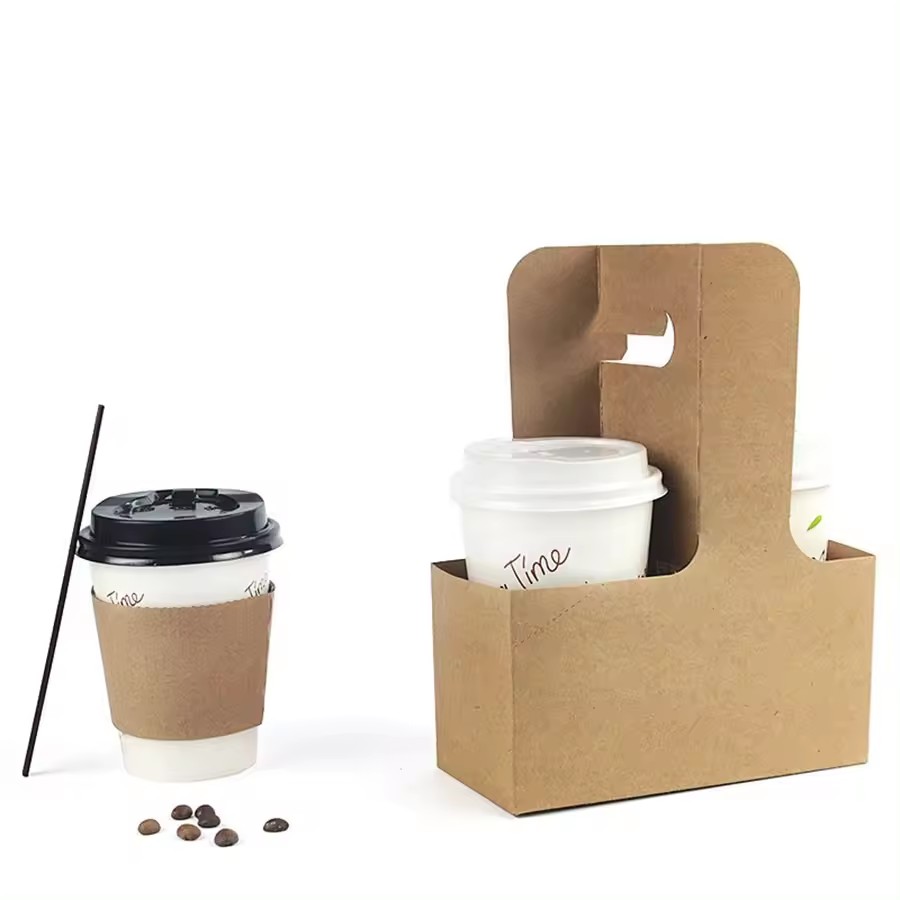 Cup Holder for 2 Cup Kraft Paper Clip Disposable Coffee Drink Tray Base with Handle 